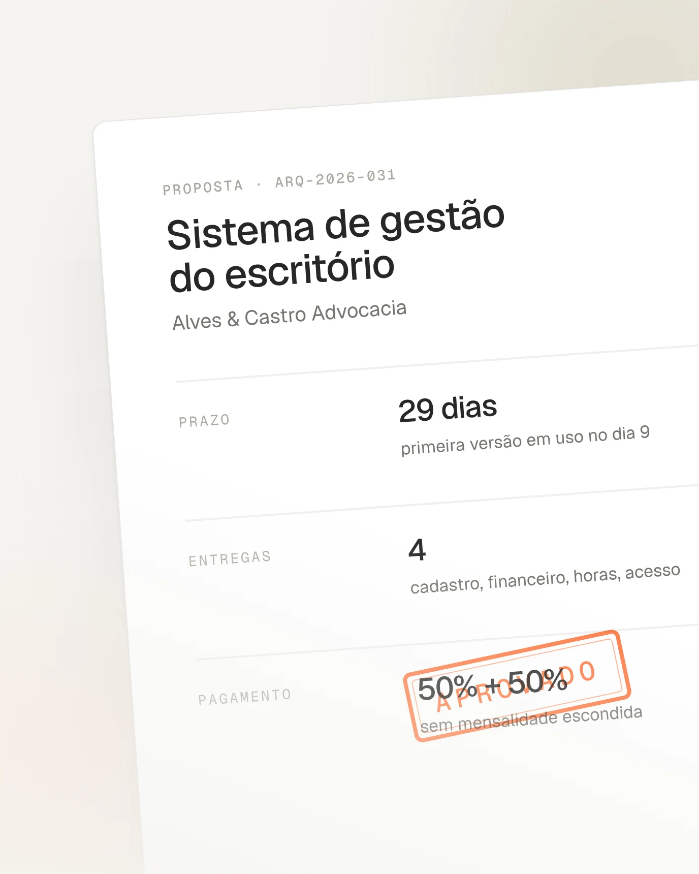 Canto da proposta com prazo, entregas e o carimbo de aprovado.