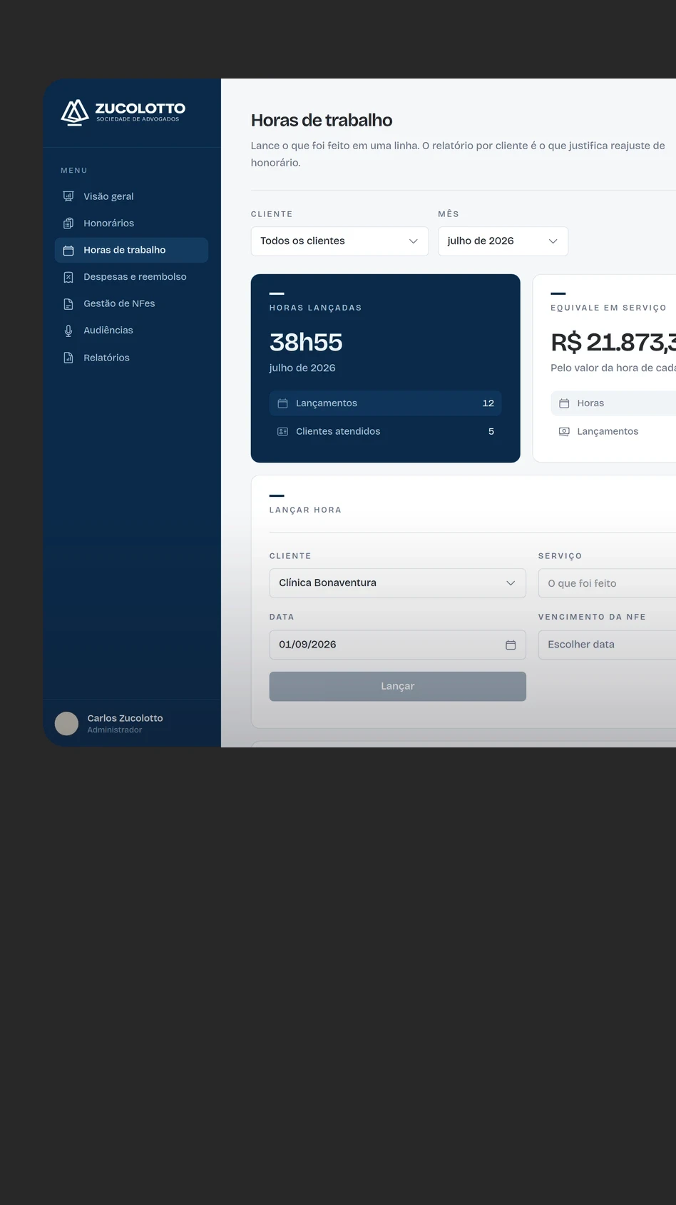 Tela de horas de trabalho do sistema do Zucolotto Advogados.